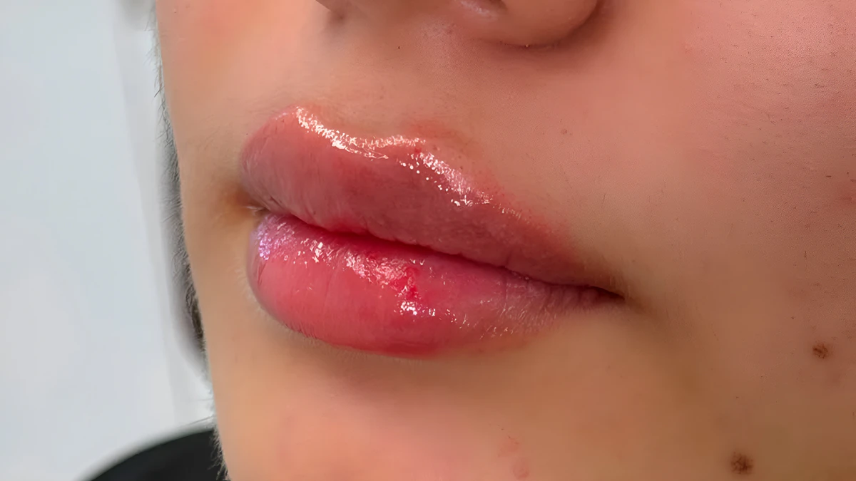 Primer plano de labios definidos con armonización facial